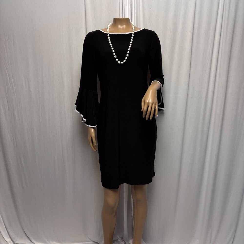 Nik and Nash Black White Bell Sleeve Dress Size Medium Stretch Classic NEW